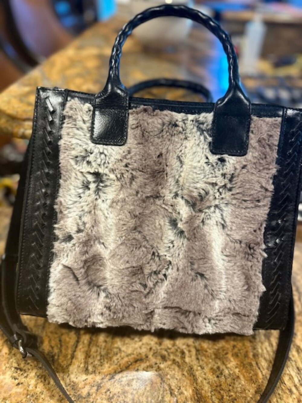 NWOT Patricia Nash Leather Tote with Plush Gray Faux Fur